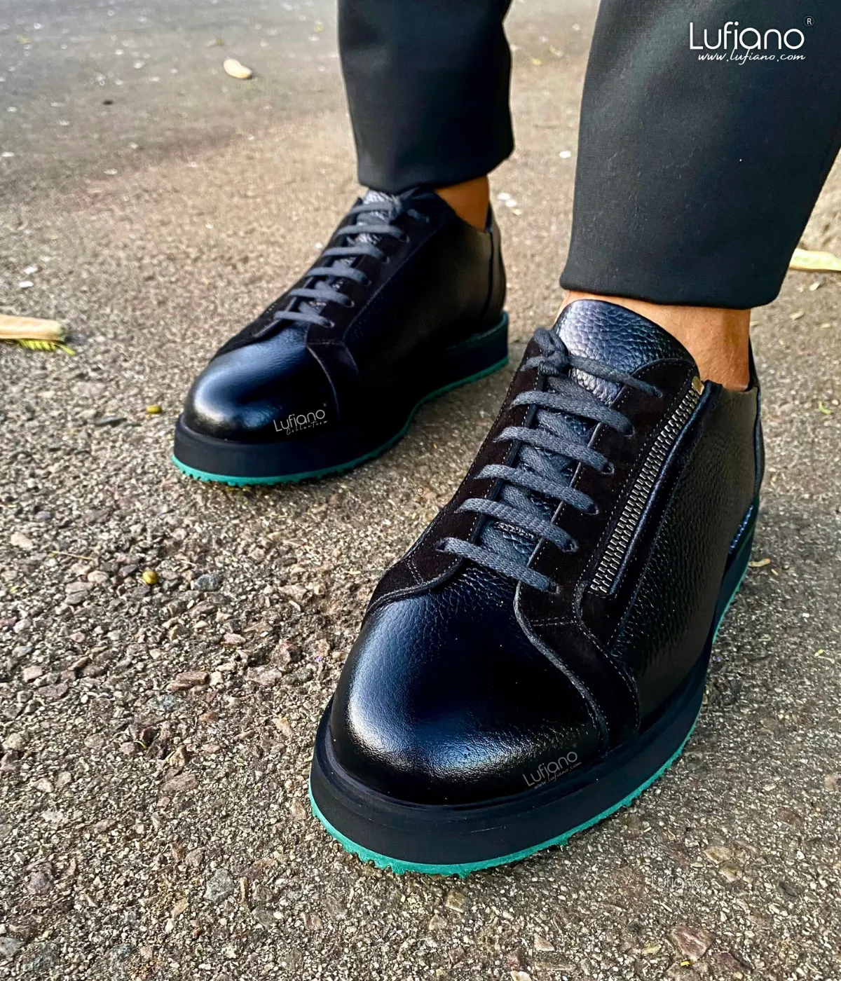 018C - LUFIANO collection Leather Sneaker- Black-Green