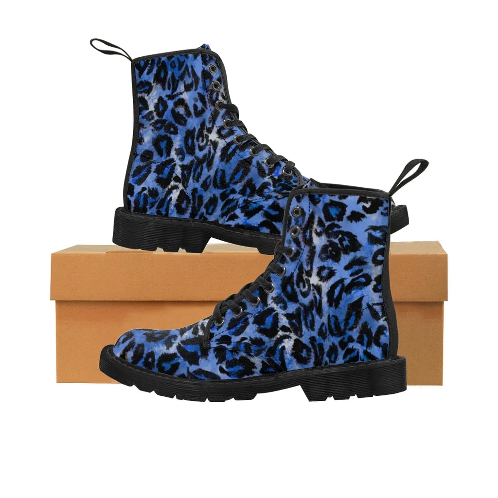 Blue Leopard Men's Boots, Best Animal Print Hiking Winter Hiker Laced Up Boots For Men