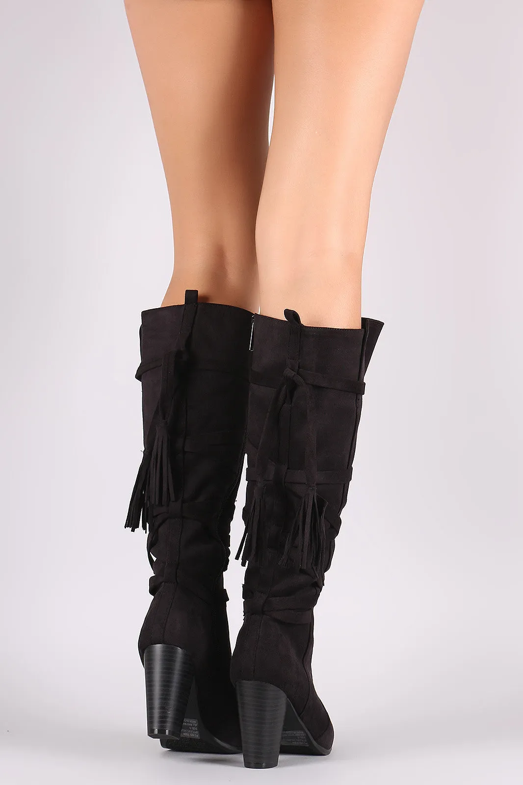 Breckelle Strappy Tassel Chunky Heeled Suede Knee High Boots