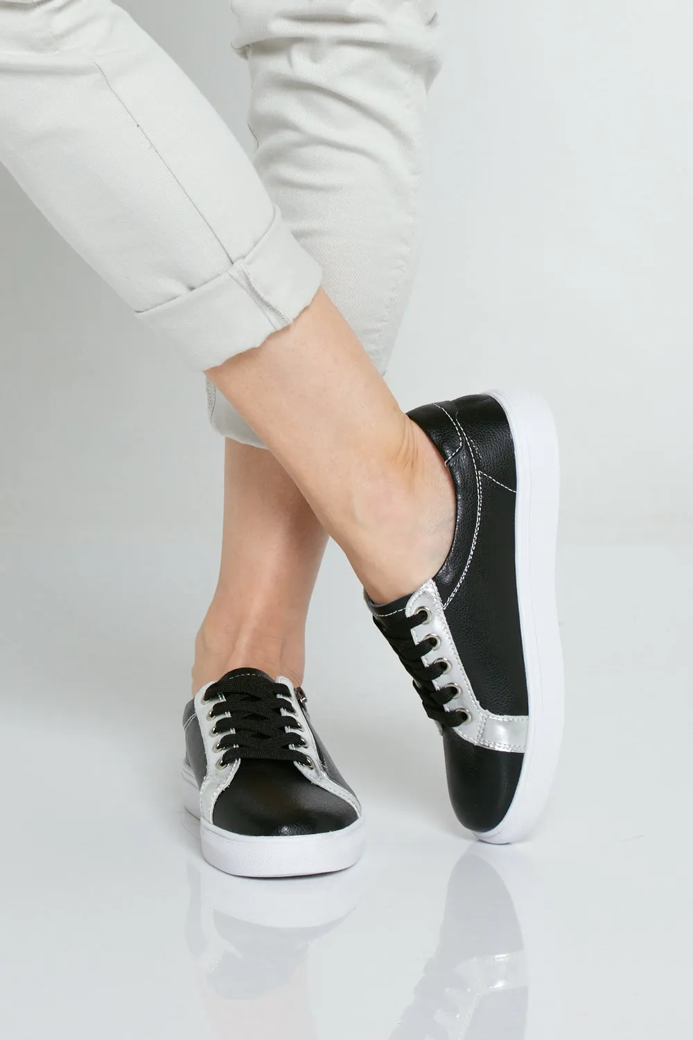 Evie Leather Sneakers - Black/Silver