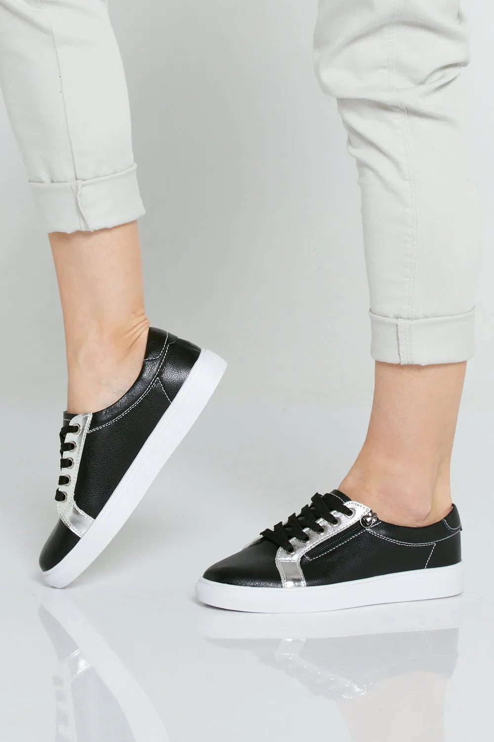 Evie Leather Sneakers - Black/Silver