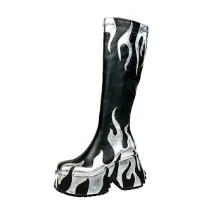 HiColor women’s side zipper high heeled silver Flames printing thick sole boots high boots round toe boots