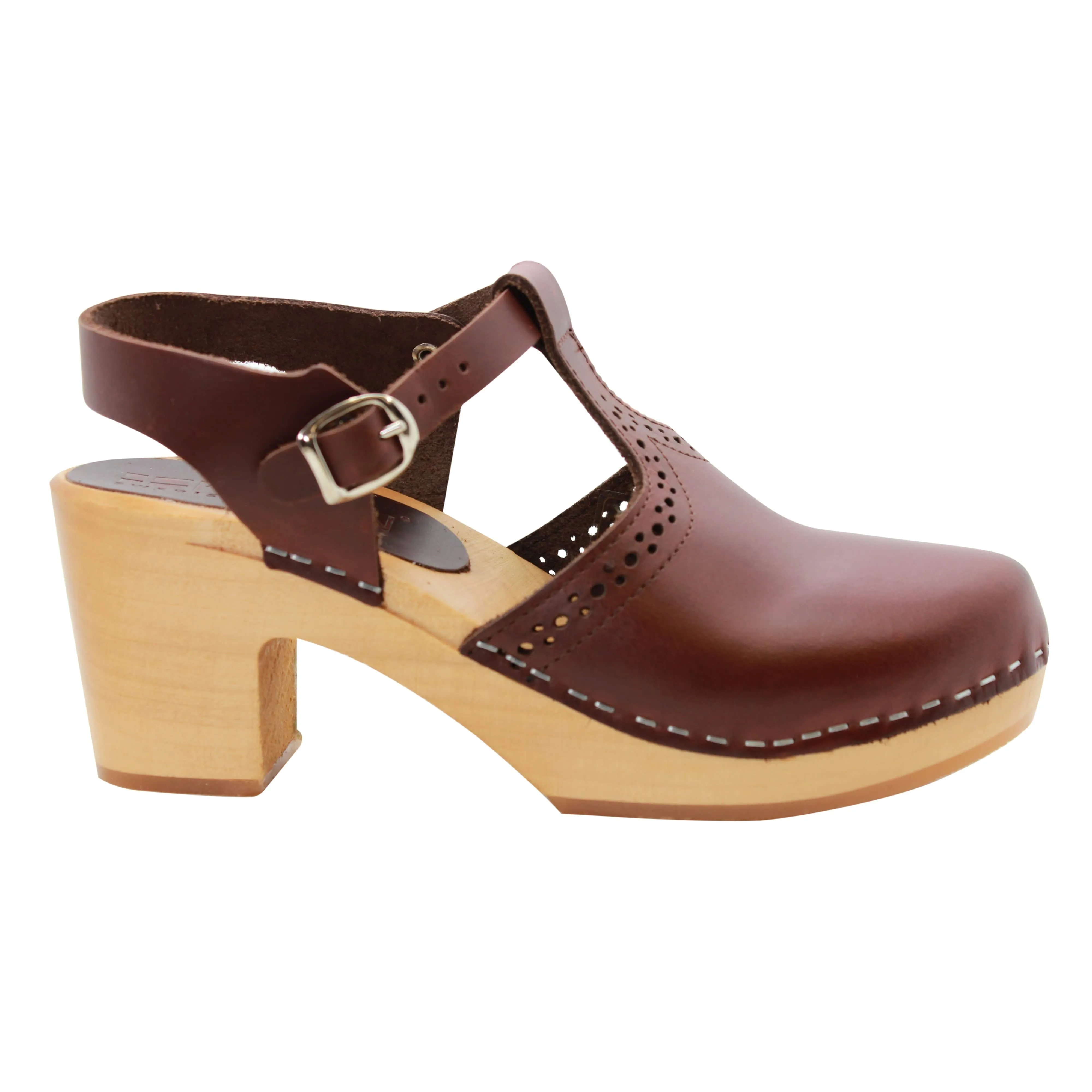 KLÄGN ANNELI Swedish Wooden Clogs in Brown Leather - CLOSEOUT