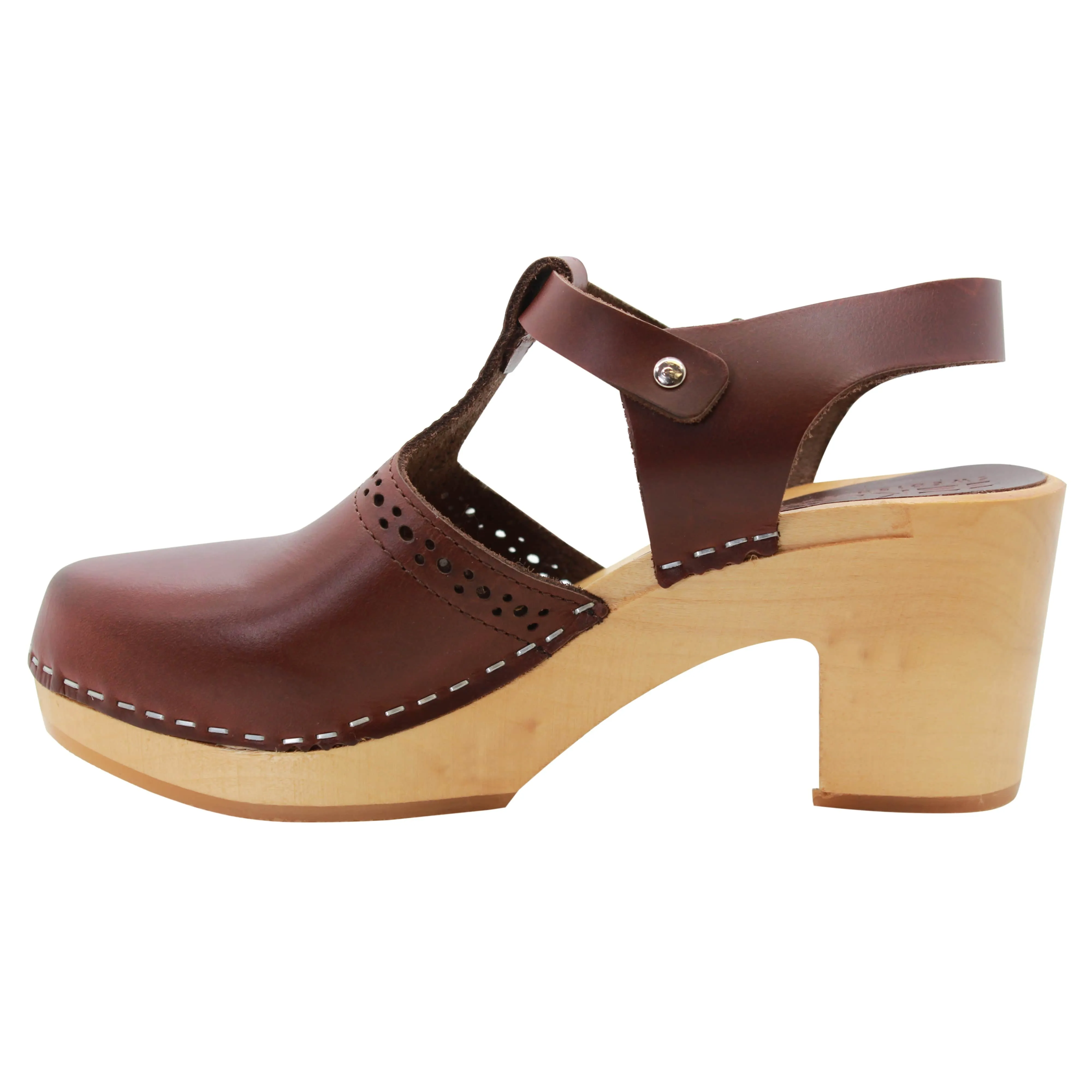 KLÄGN ANNELI Swedish Wooden Clogs in Brown Leather - CLOSEOUT