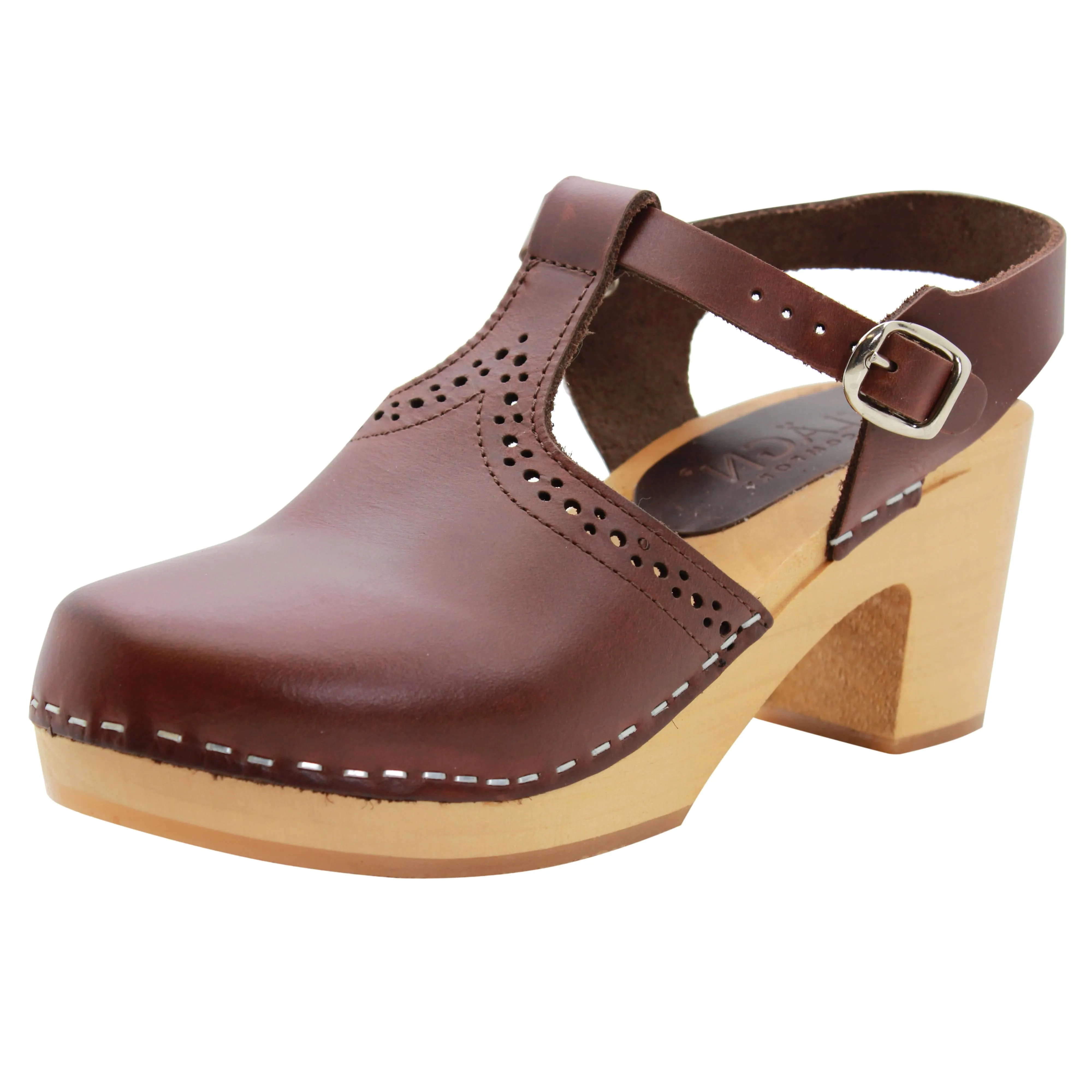 KLÄGN ANNELI Swedish Wooden Clogs in Brown Leather - CLOSEOUT