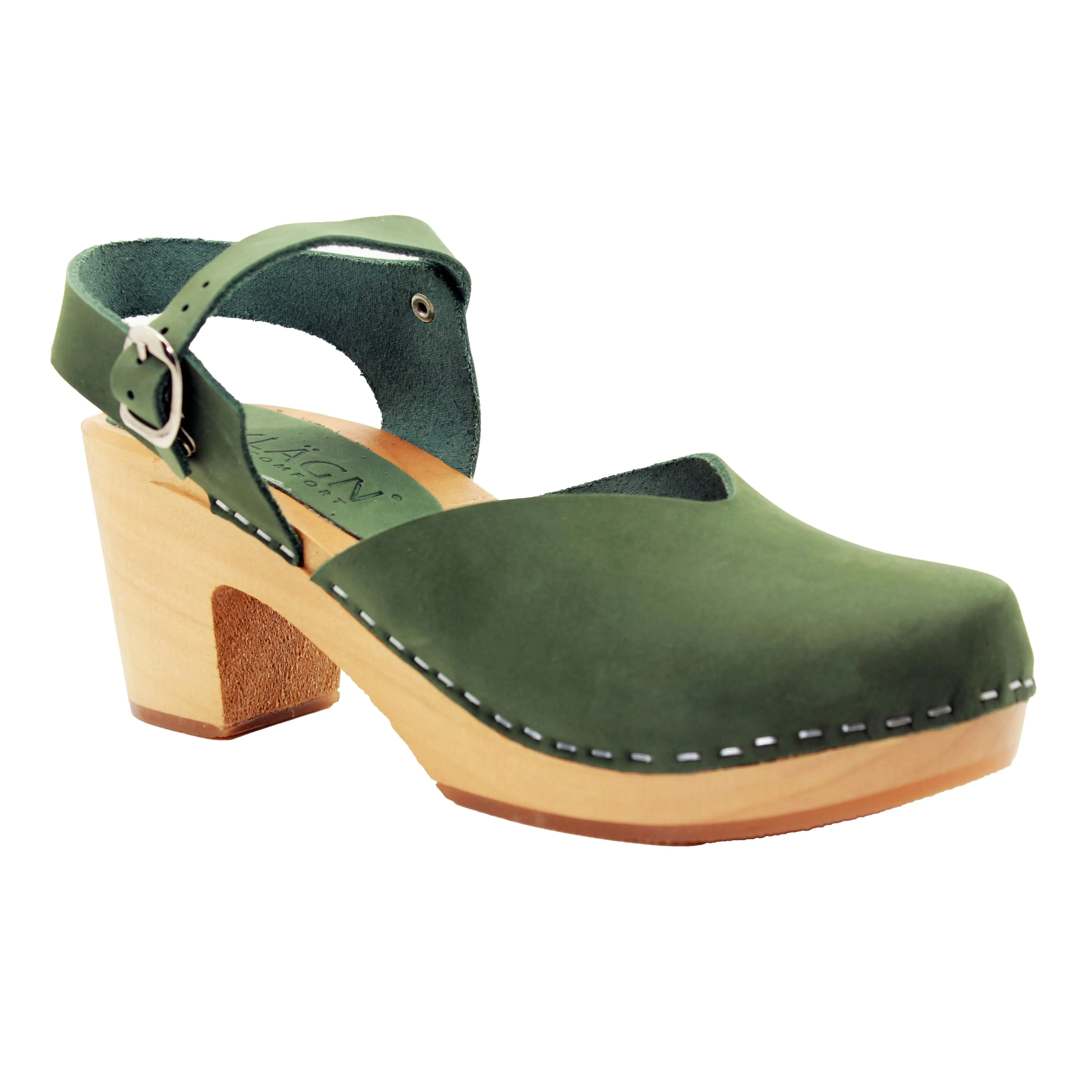 KLÄGN CLEO Swedish Wooden Clogs in Forest Green Nubuck