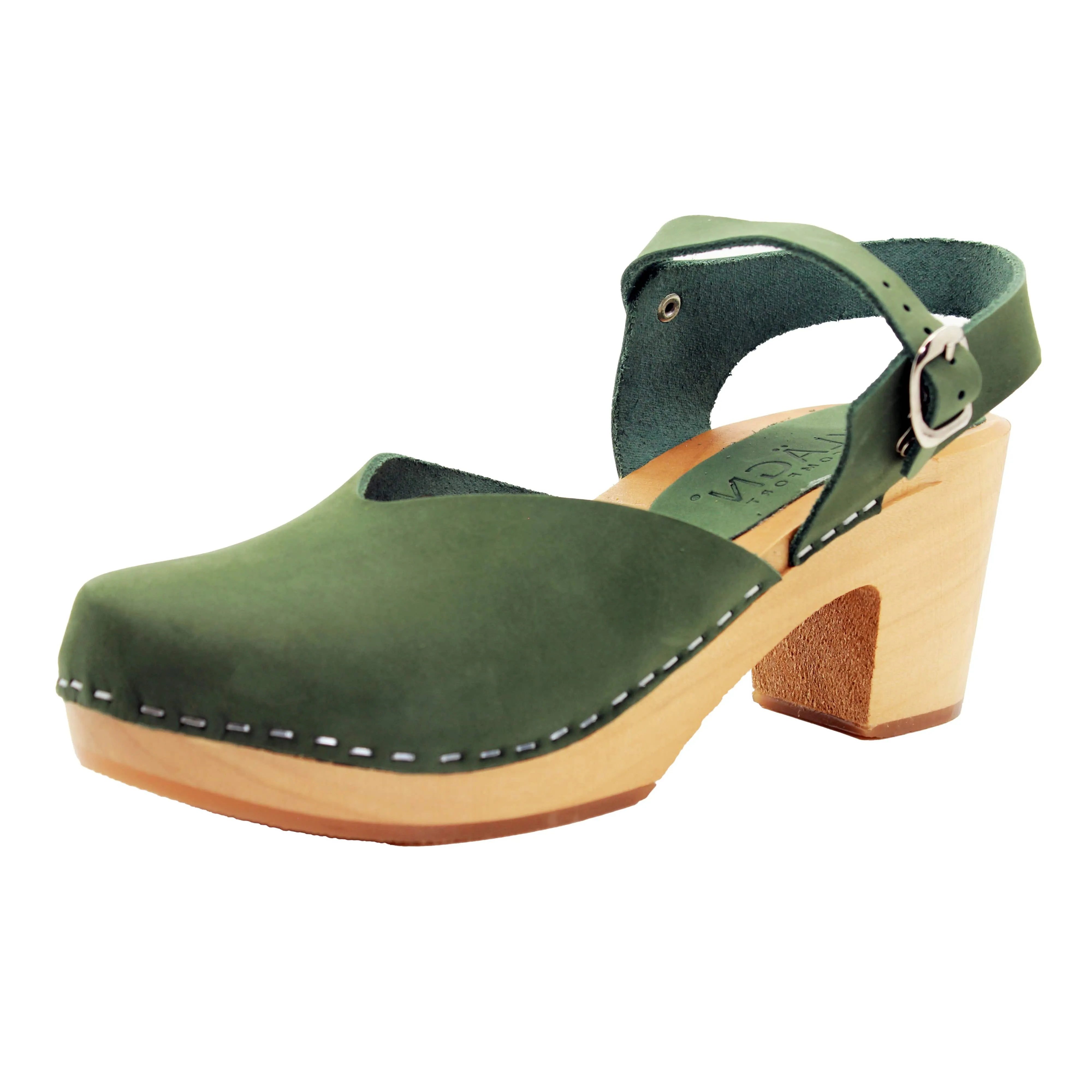 KLÄGN CLEO Swedish Wooden Clogs in Forest Green Nubuck