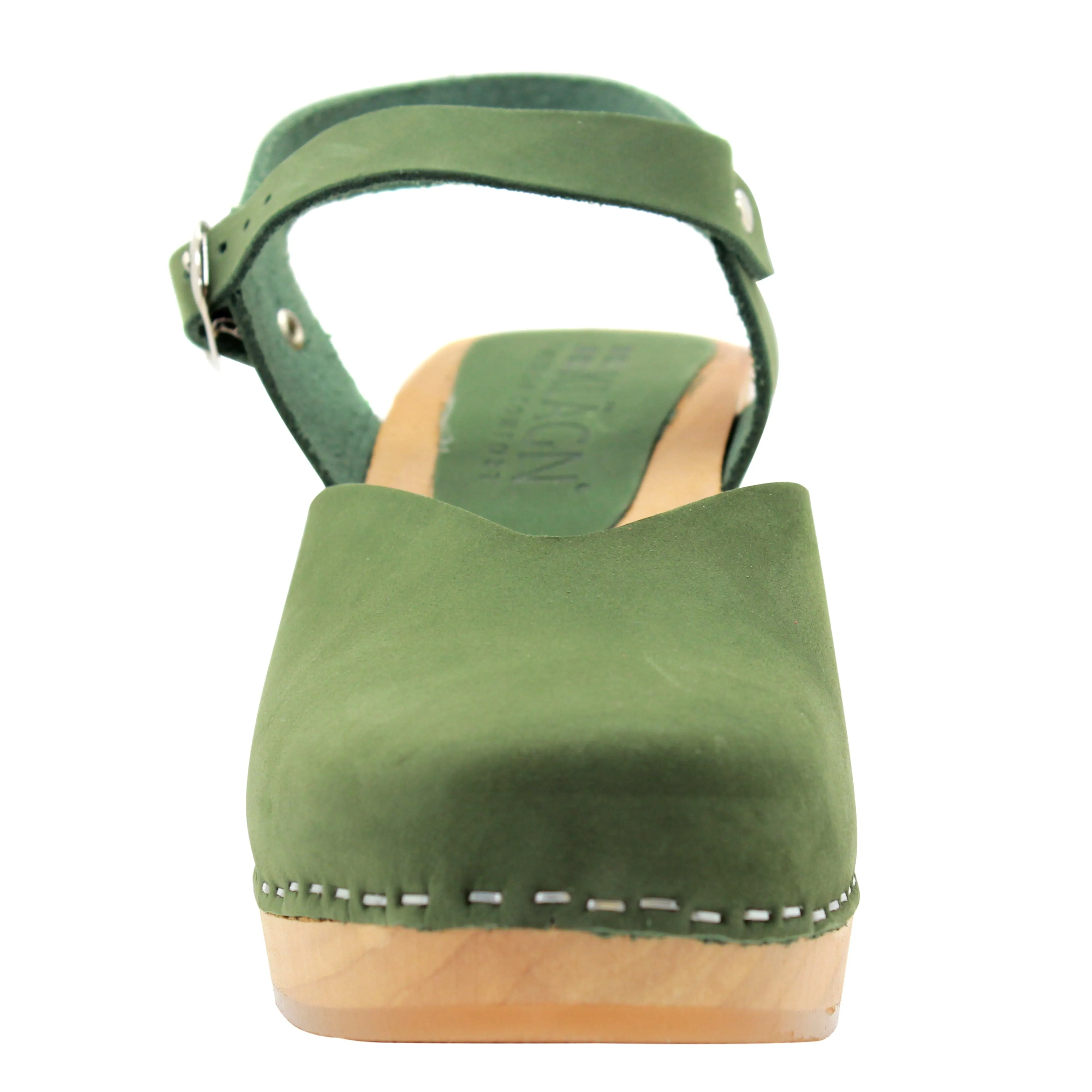 KLÄGN CLEO Swedish Wooden Clogs in Forest Green Nubuck