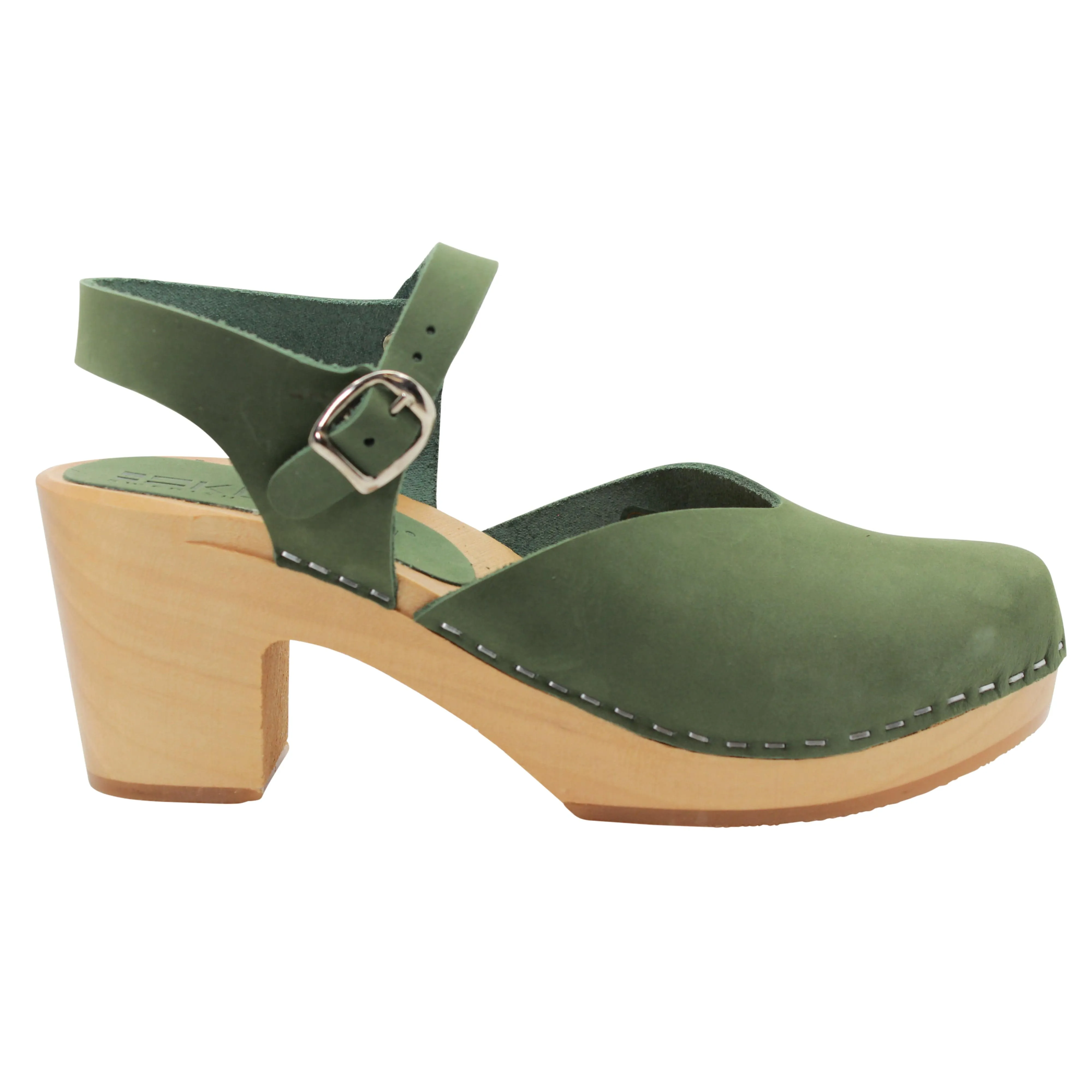 KLÄGN CLEO Swedish Wooden Clogs in Forest Green Nubuck