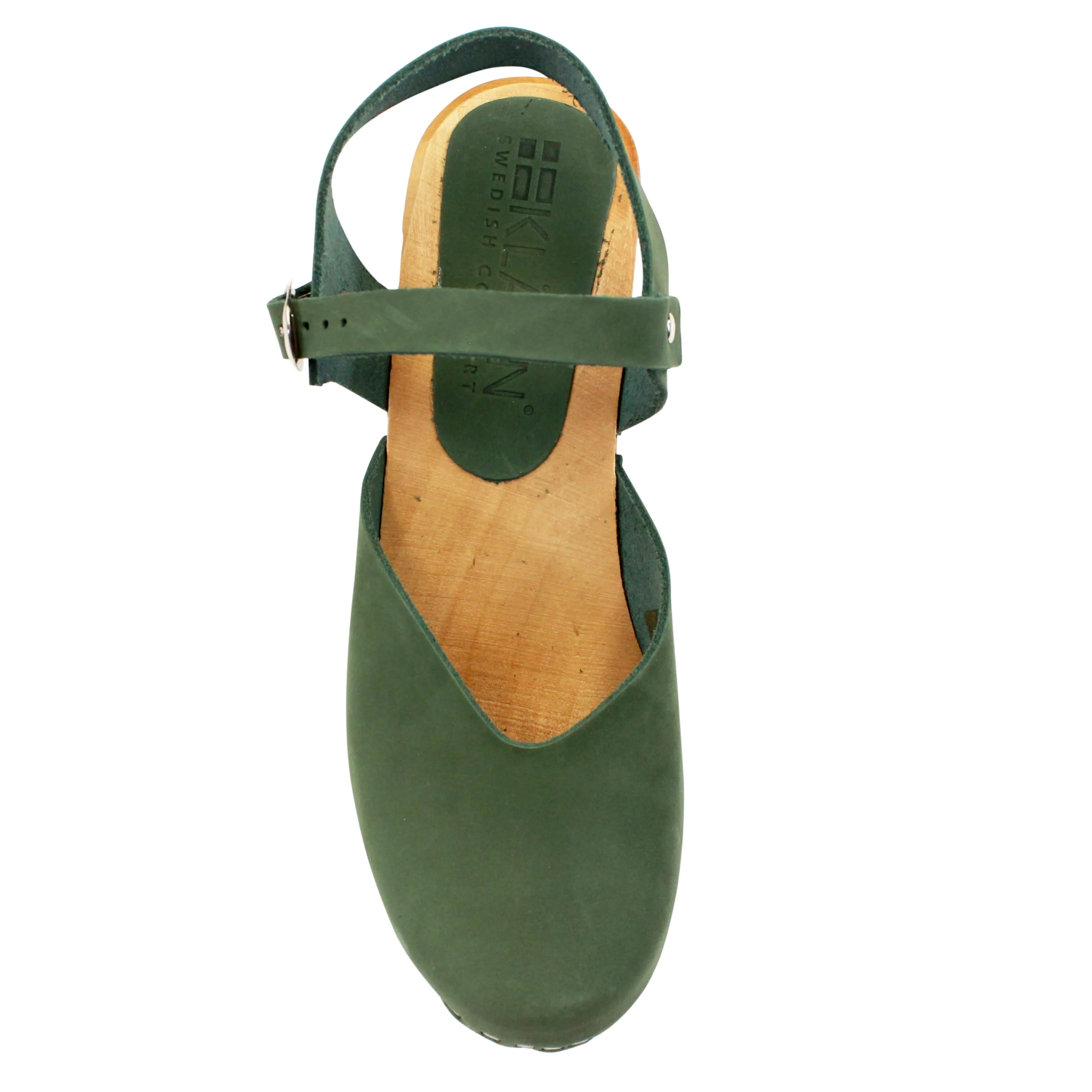 KLÄGN CLEO Swedish Wooden Clogs in Forest Green Nubuck