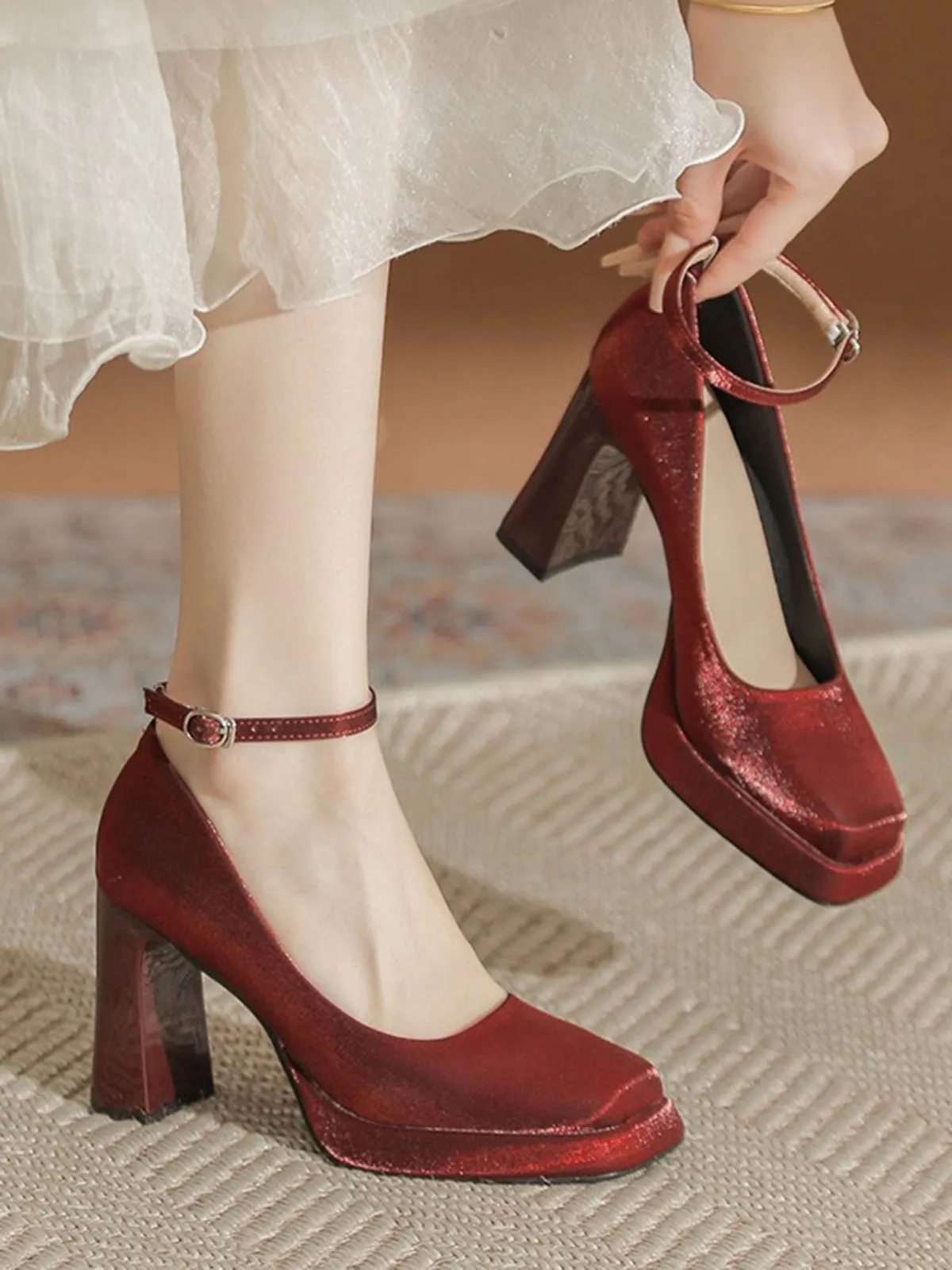 Latest Satin Block Heel Mary Jane Shoes