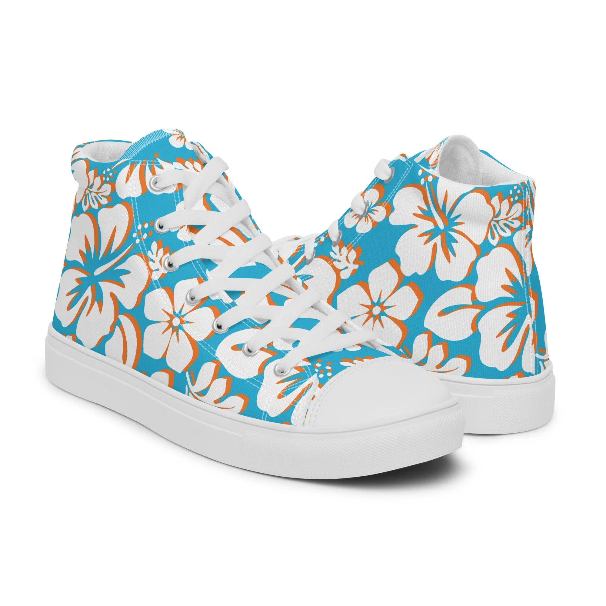 Men’s Aqua Blue, Orange and White Hawaiian Print High Top Shoes