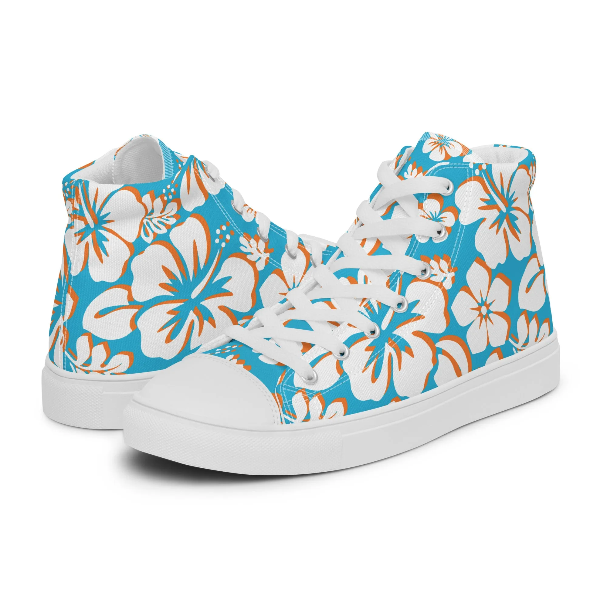 Men’s Aqua Blue, Orange and White Hawaiian Print High Top Shoes