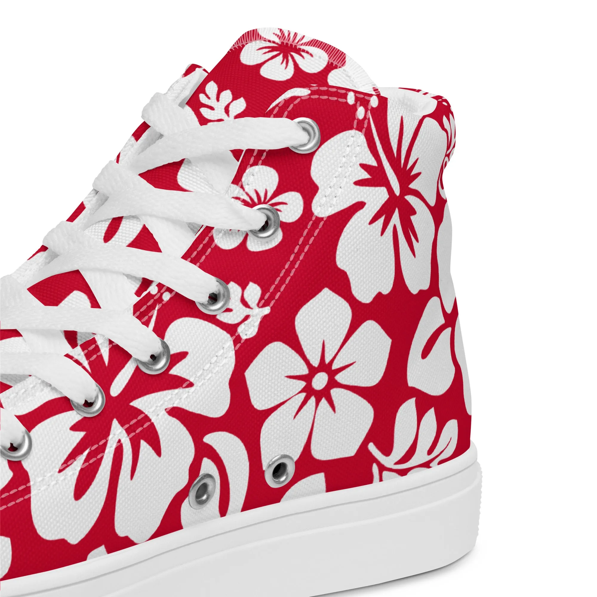 Men's Red and White Hawaiian Print High Top Shoes