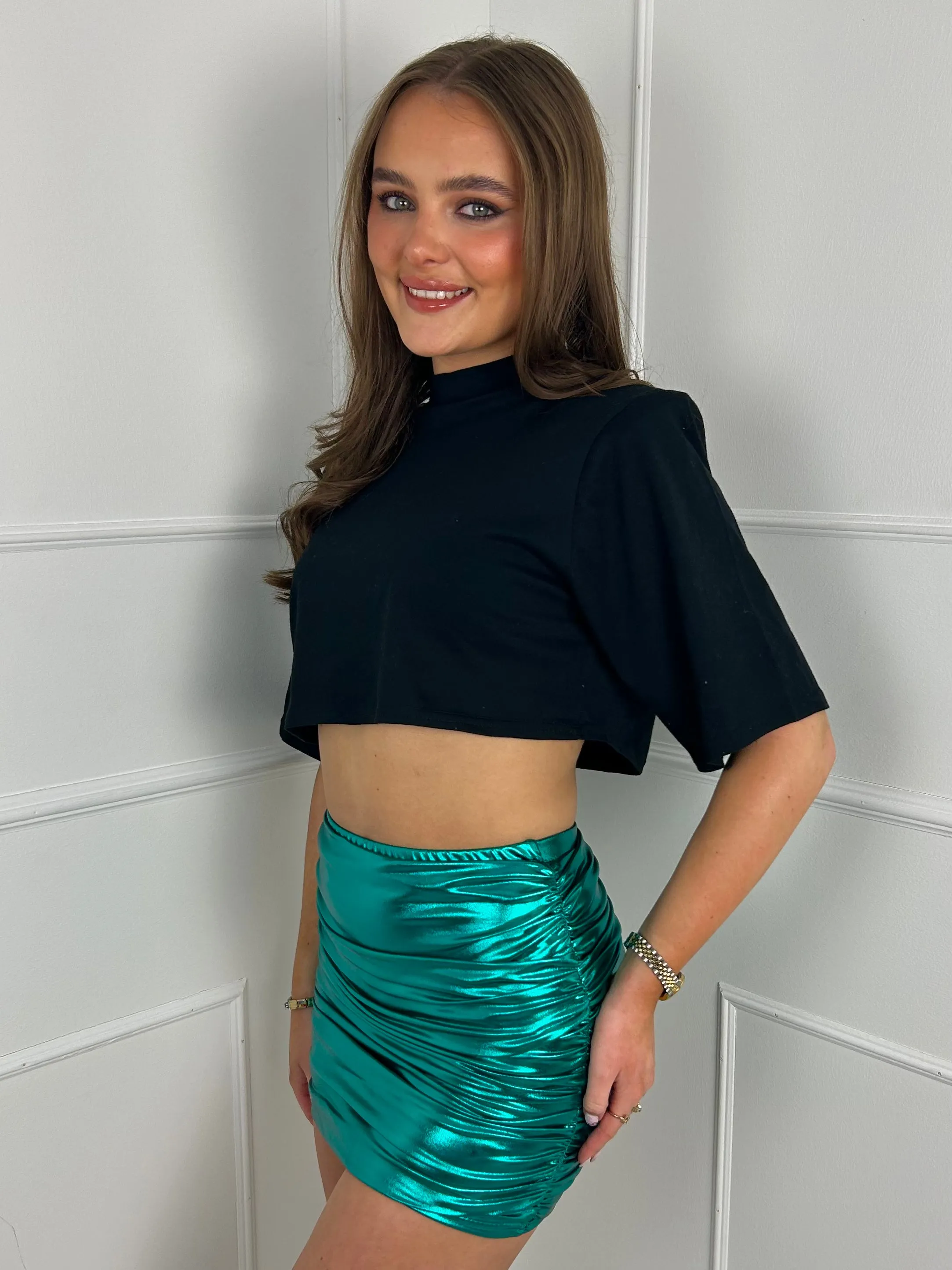 Metallic Ruched Back Skirt - Green