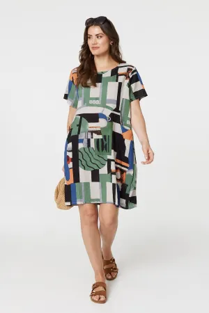 Printed Pocket Short Sleeve Shift Dress