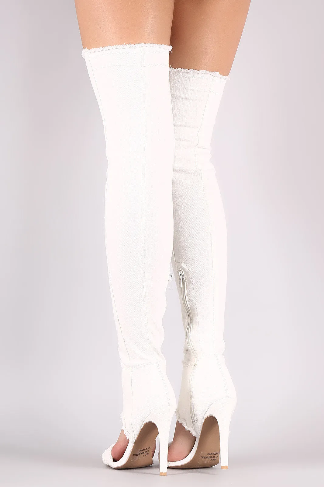 Qupid Distressed Denim Open Toe Over-The-Knee Boots