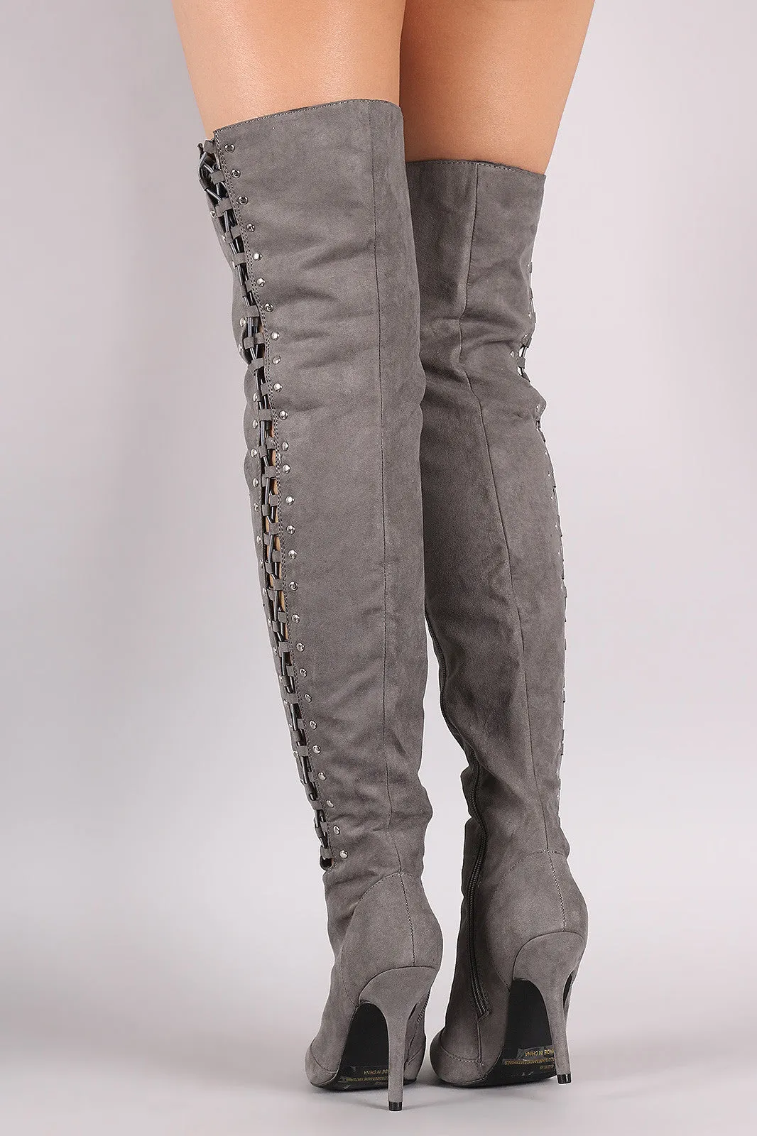 Qupid Suede Studded Lace Up Over-The-Knee Stiletto Boots