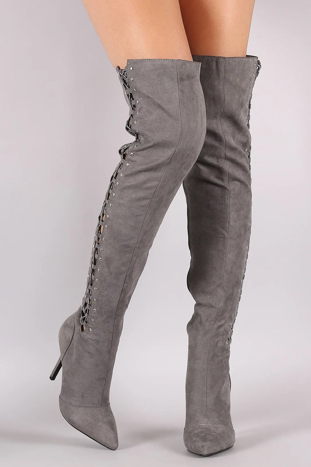 Qupid Suede Studded Lace Up Over-The-Knee Stiletto Boots