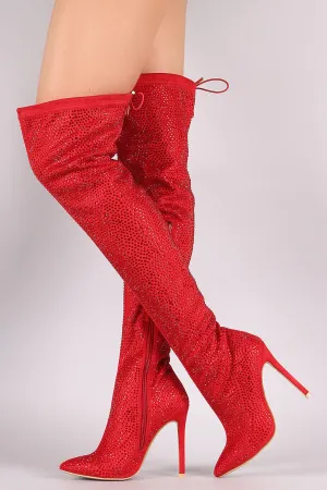 Rhinestone Pointy Toe Drawstring-Tie Stiletto Over-The-Knee Boots