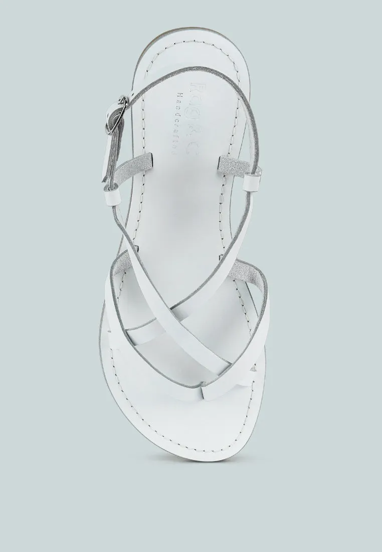 RITA White Strappy Flat Leather Sandals