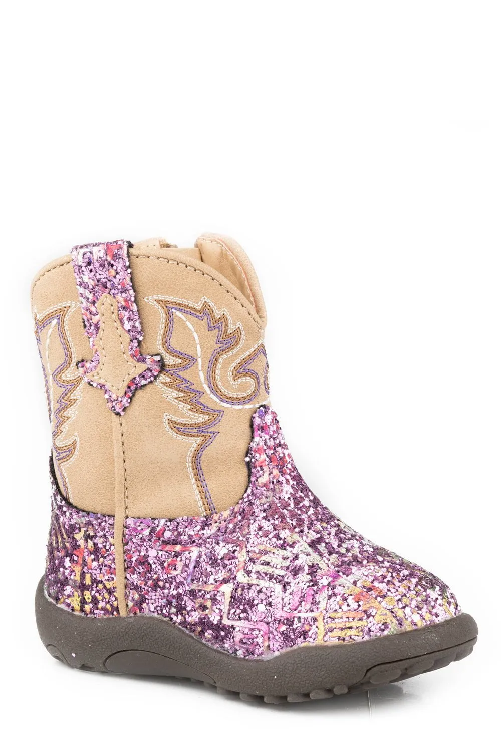 Roper Infant Girl Cowbabies Glitter Aztec Lavender/Tan Faux Leather Cowboy Boots