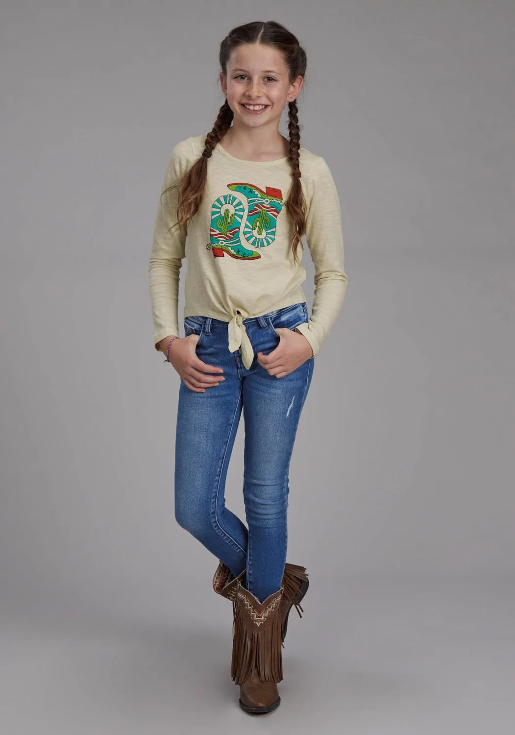 Roper Kids Girls Cactus Boots Cream 100% Cotton L/S T-Shirt