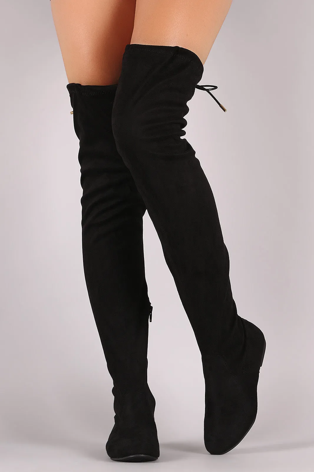 Suede Drawstring Tie Over-The-Knee Flat Boots