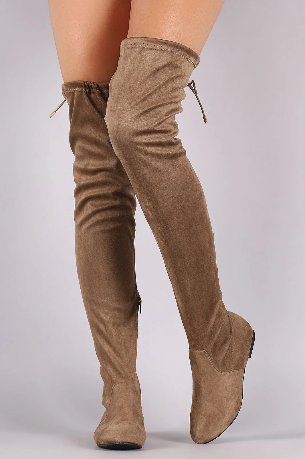 Suede Drawstring Tie Over-The-Knee Flat Boots