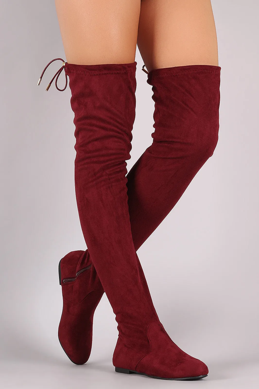 Suede Drawstring Tie Over-The-Knee Flat Boots