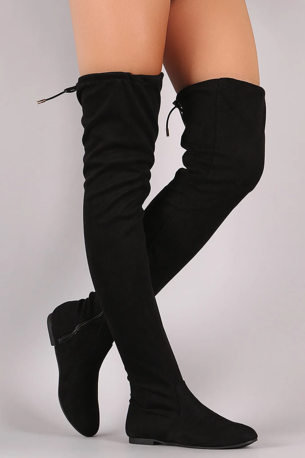 Suede Drawstring Tie Over-The-Knee Flat Boots