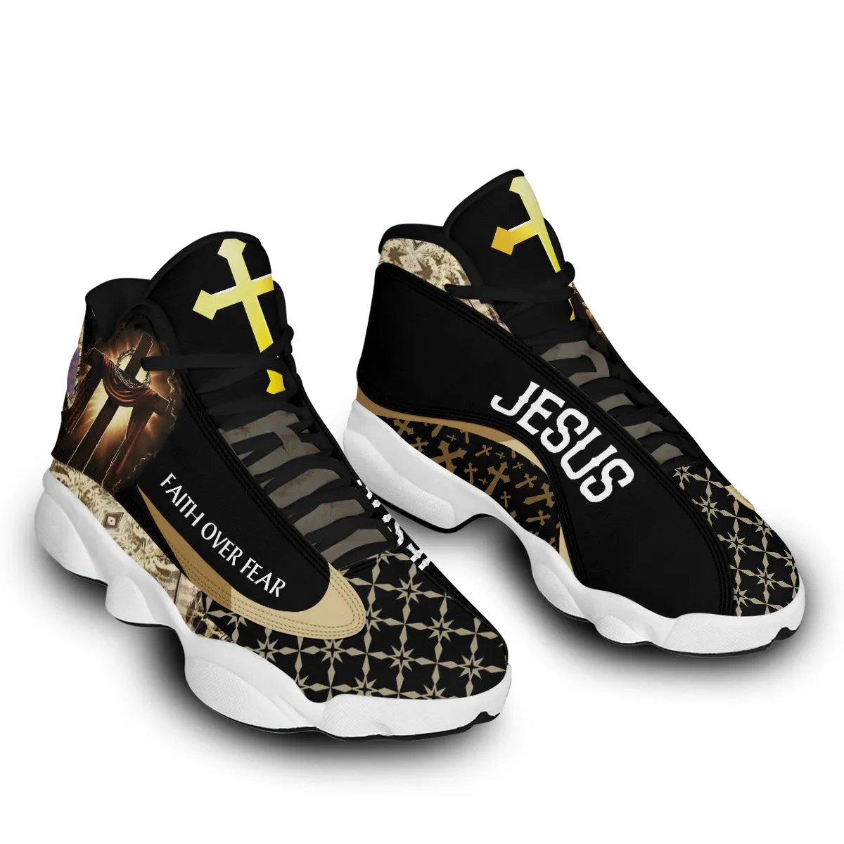 Teesdily | Jesus Faith Over Fear Basketball Shoes, Jesus Cross Art Running Shoes, Christian Religious Gifts Unisex Basketball Shoes With Thick Soles