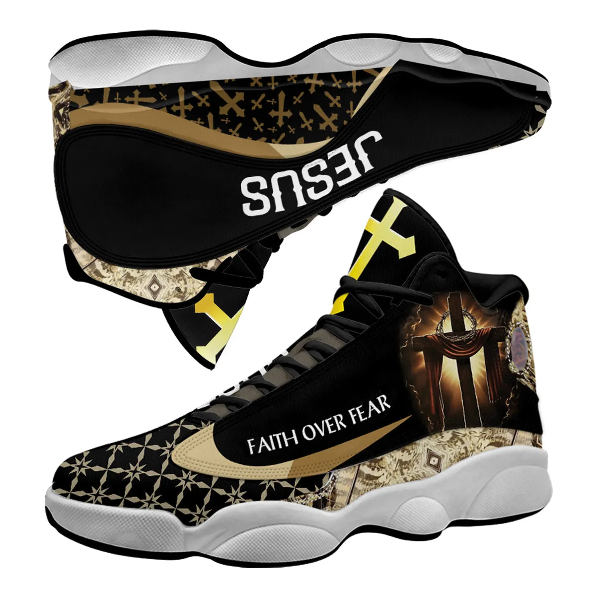 Teesdily | Jesus Faith Over Fear Basketball Shoes, Jesus Cross Art Running Shoes, Christian Religious Gifts Unisex Basketball Shoes With Thick Soles