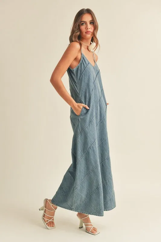 Washed Denim Detail Maxi Dress