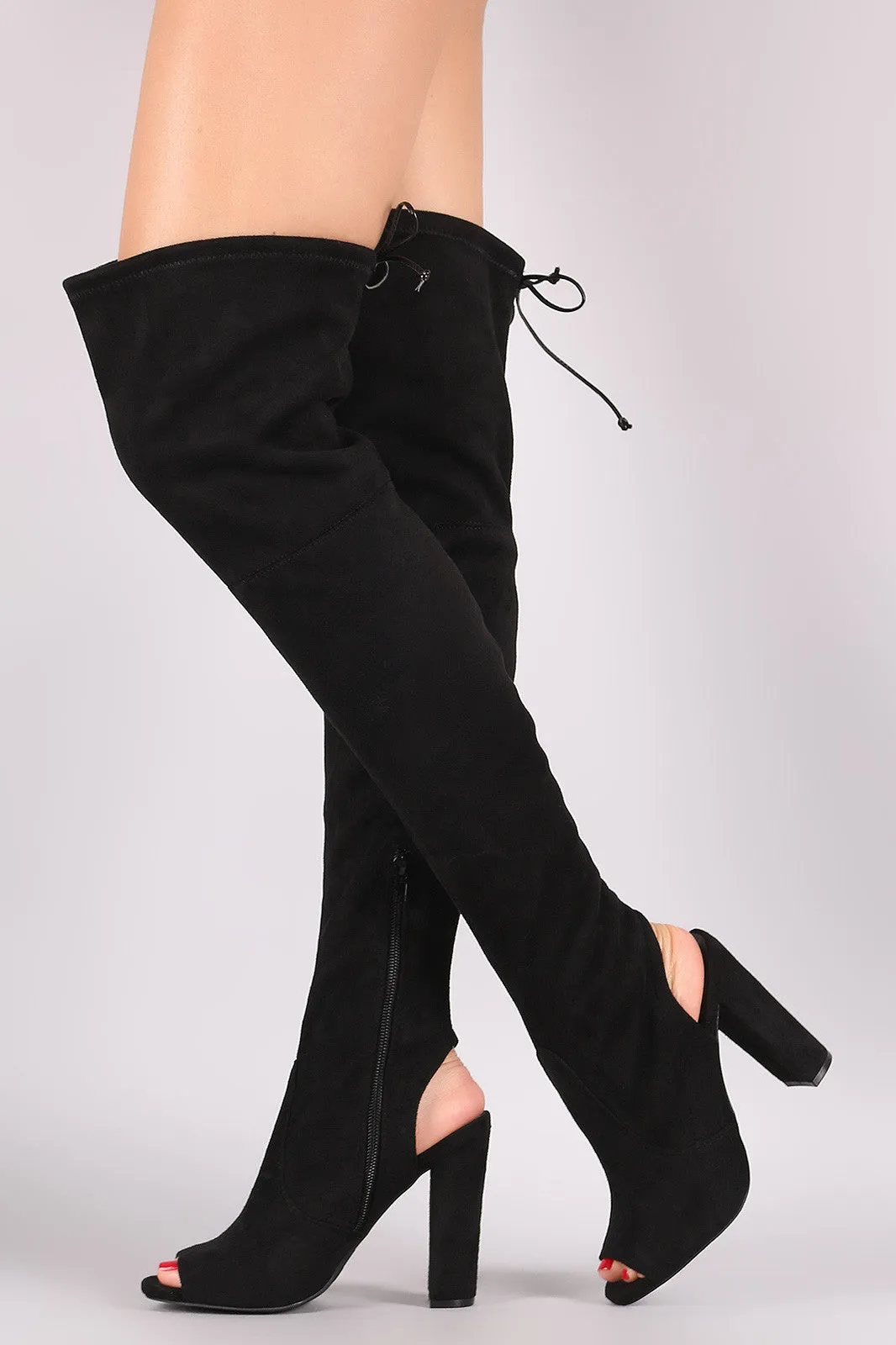 Wild Diva Lounge Suede Drawstring-Tie Chunky Heeled Over-The-Knee Boots